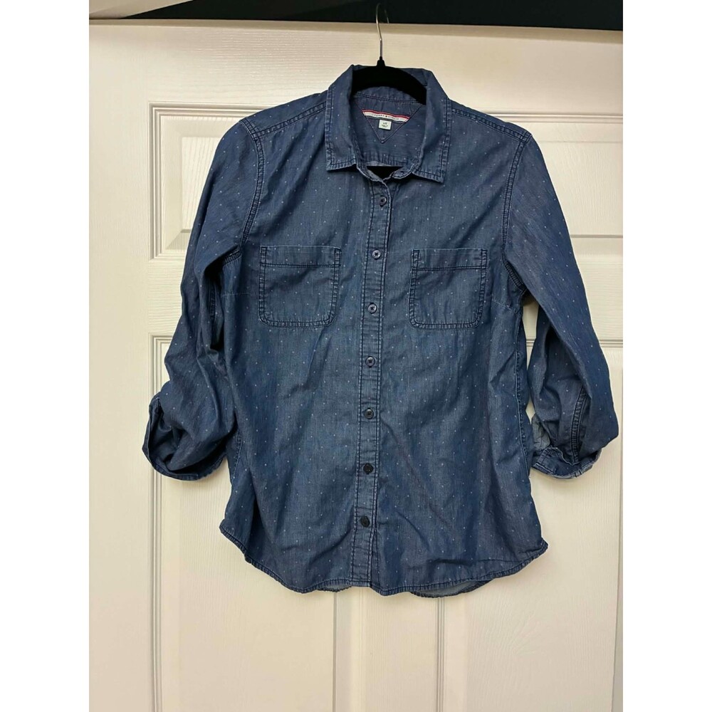 Tommy Hilfiger Women L‎ Blue Chambray Polka Dot Button Shirt Roll Tab Sleeve